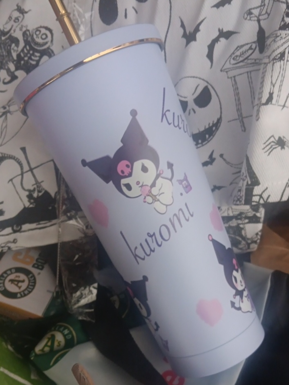 Large KUROMI Cup - Light Purple with GOLD straw And Rim Accent NEW